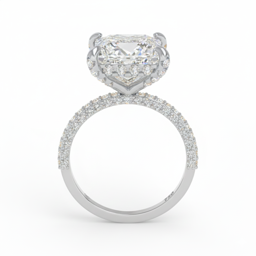 Bague de fiançailles Mia en diamant taille princesse avec halo de diamants cachés et anneau en diamant 3D