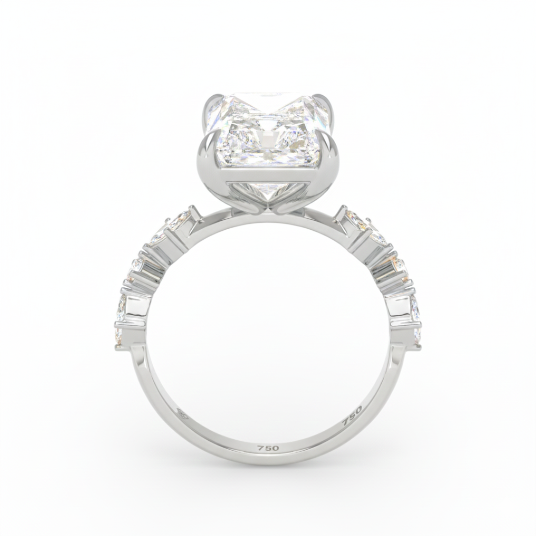 Elizabeth Radiant Cut Diamond Engagement Ring With A Marquise And Round Cut Diamond Band