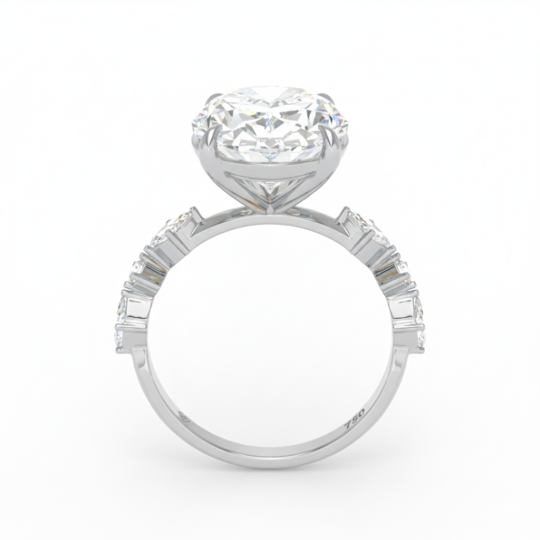 Elizabeth Oval Cut Diamond Engagement Ring With A Marquise And Round Cut Diamond Band.