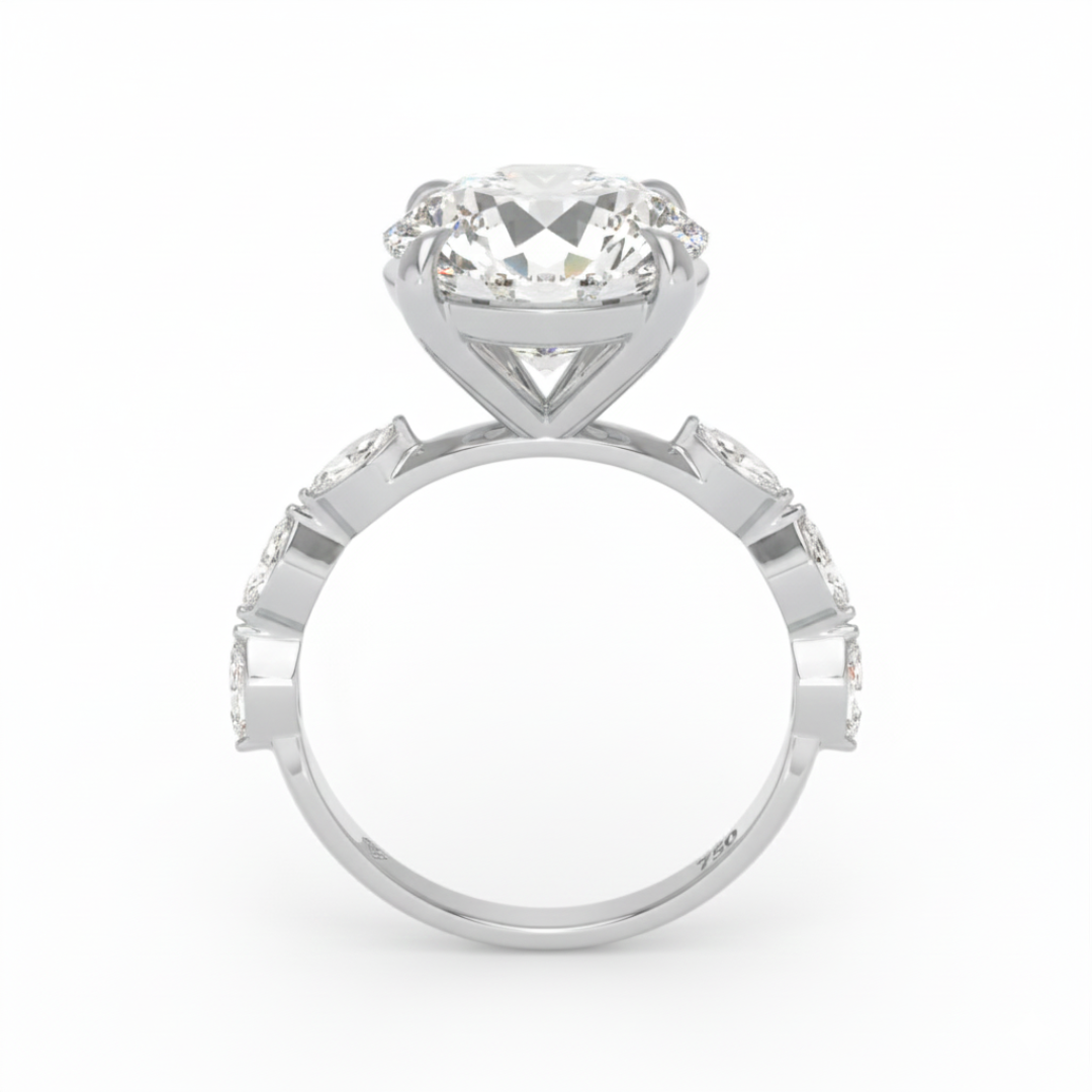 Kasandra Round Brilliant Cut Diamond Engagement Ring With A Marquise Cut Diamond Band