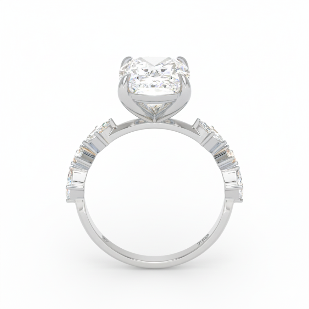 Elizabeth Cushion Diamond Engagement Ring With A Marquise and Round Cut Diamond Band