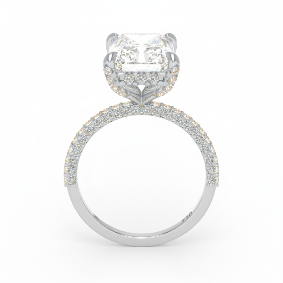 Bague de fiançailles Mia en diamant taille radiant avec halo de diamants cachés et anneau en diamant 3D