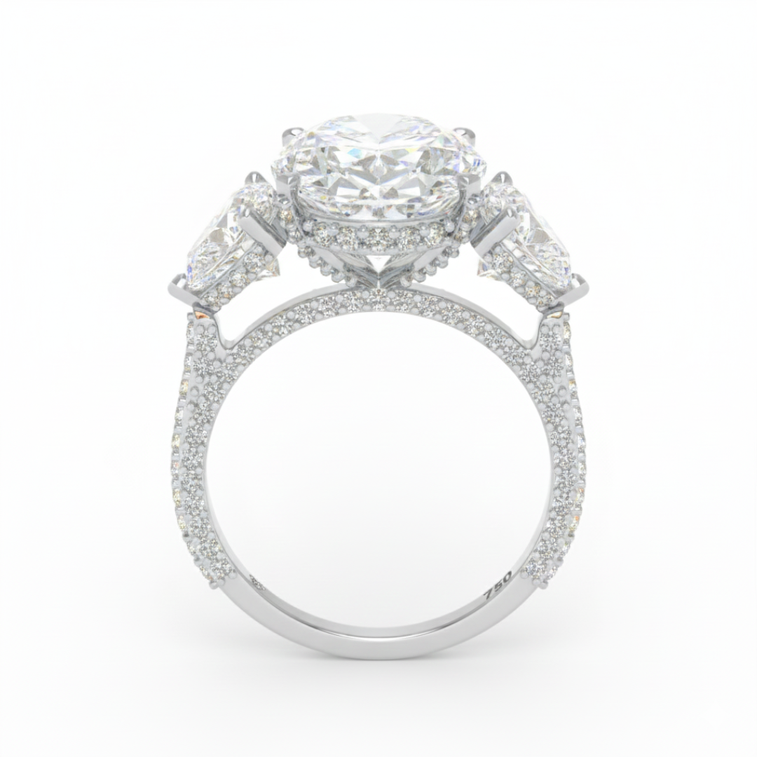 Victoria Oval Cut Diamond Engagement Ring with Heart Cut Side Diamonds and 3D Diamond Band