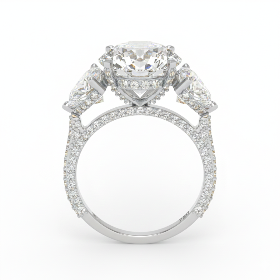 Victoria Round Brilliant Cut Diamond Engagement Ring with Heart Cut Side Diamonds and 3D Diamond Band