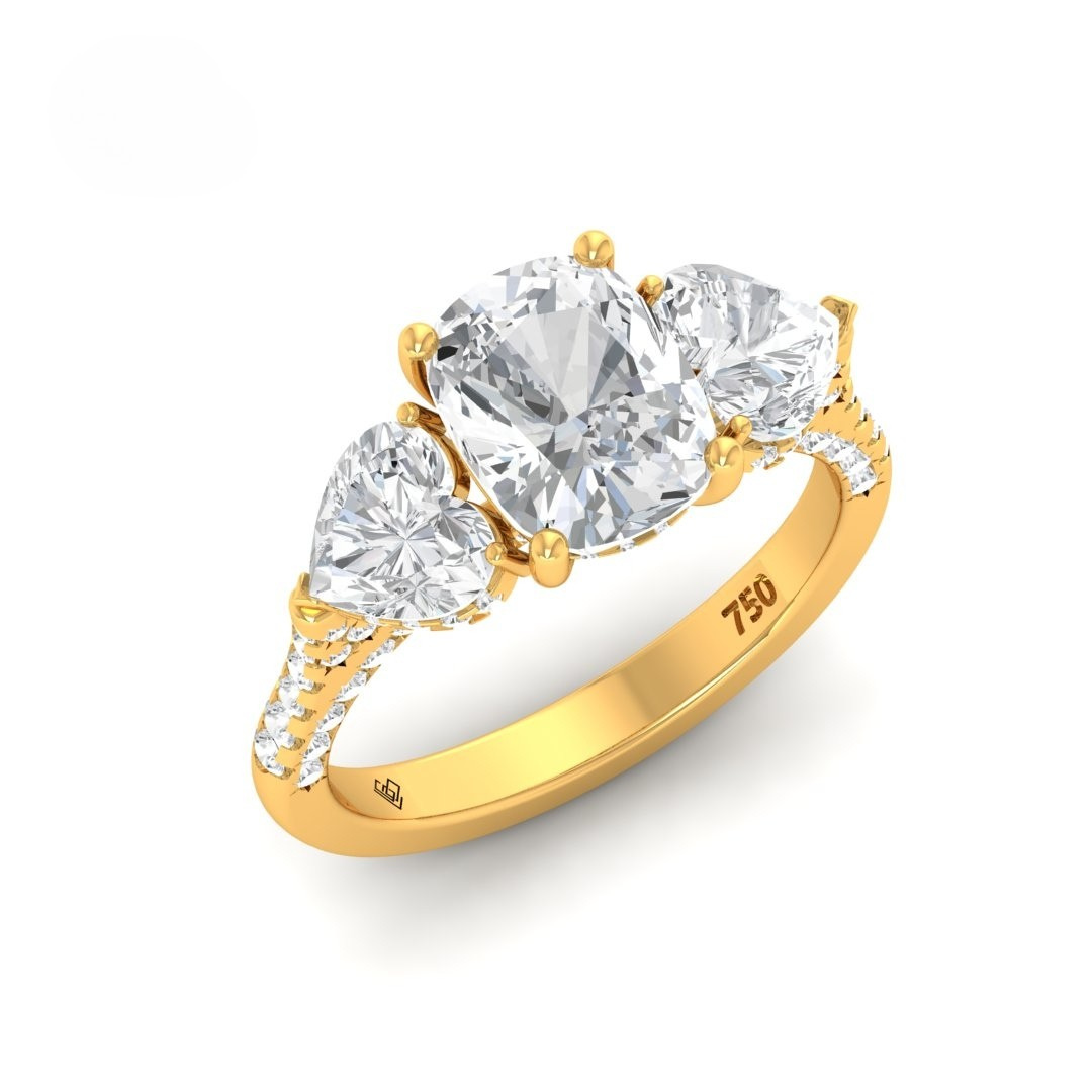 Victoria Cushion Cut Diamond Engagement Ring with Heart Cut Side Diamonds and 3D Diamond Band