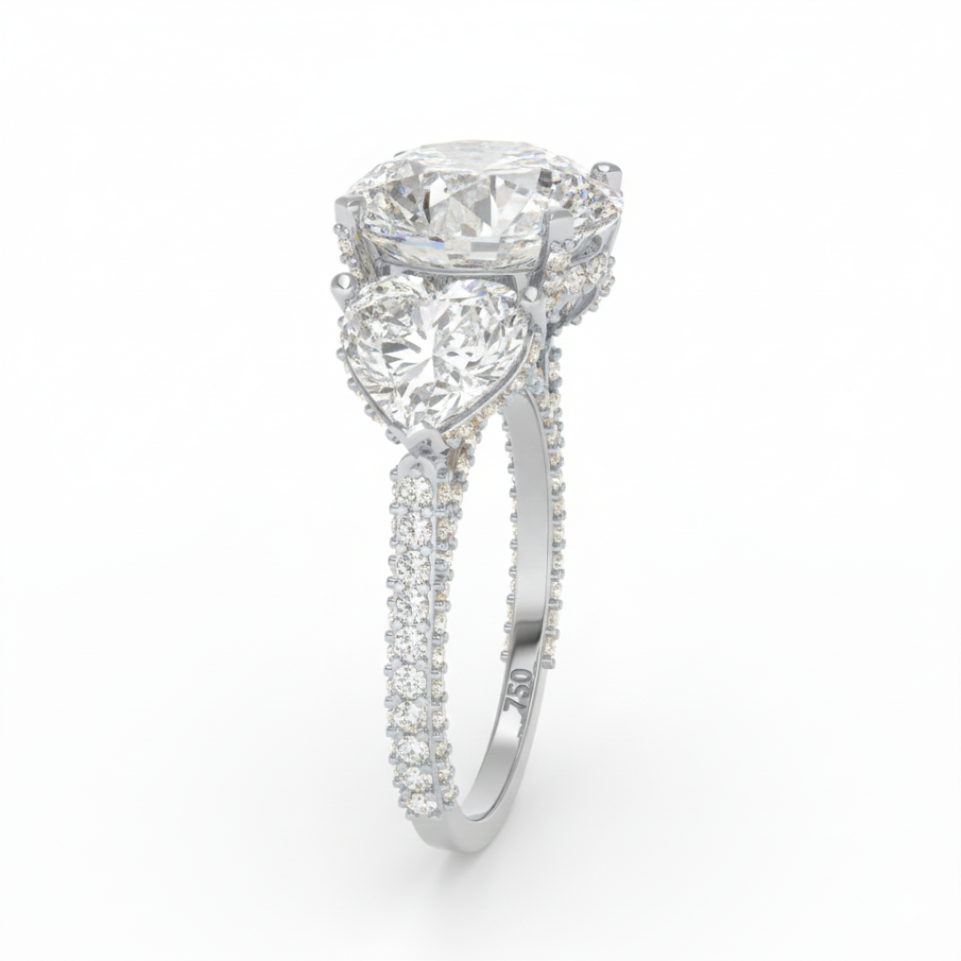 Victoria Round Brilliant Cut Diamond Engagement Ring with Heart Cut Side Diamonds and 3D Diamond Band