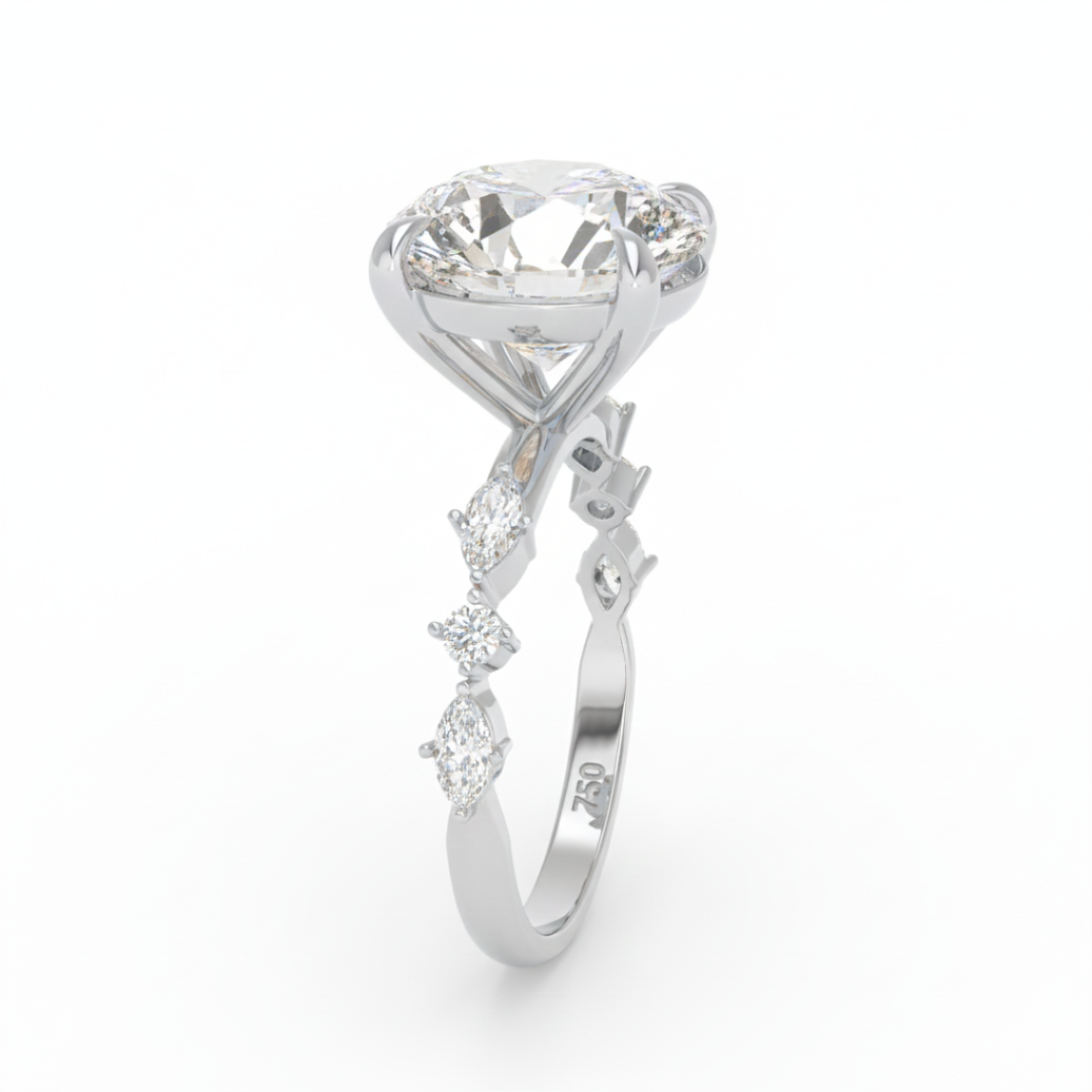 Elizabeth Round Brilliant Cut Diamond Engagement Ring With A Marquise And Round Cut Diamond Band