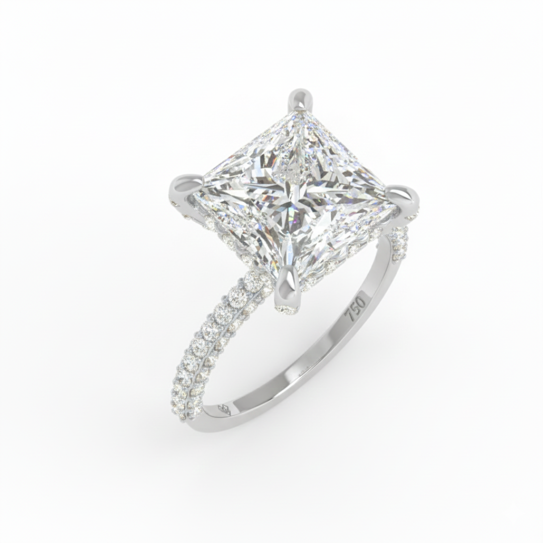 Bague de fiançailles Mia en diamant taille princesse avec halo de diamants cachés et anneau en diamant 3D