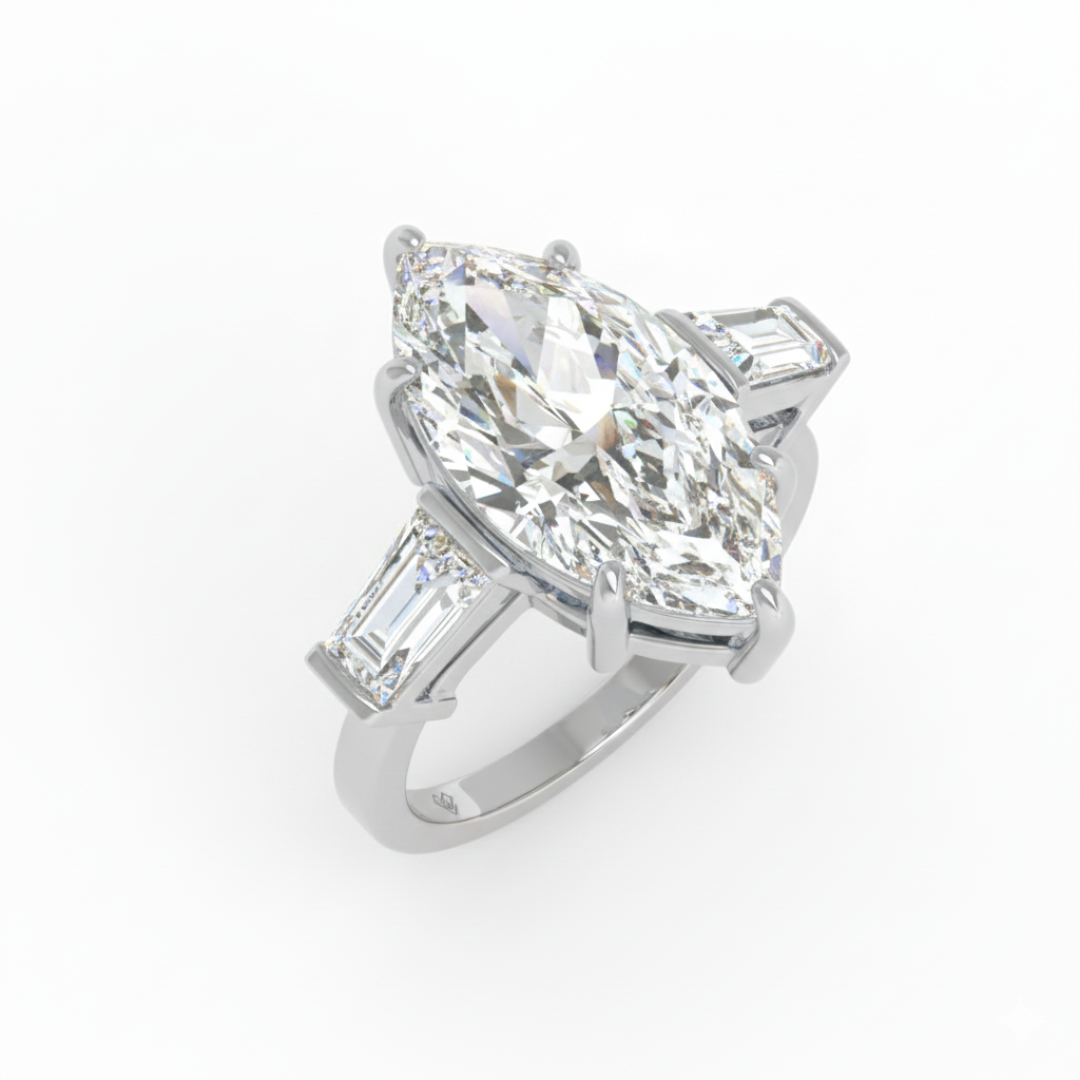 Mary Marquise Cut Diamond Engagement Ring with Tapering Baguette Cut Side Diamonds