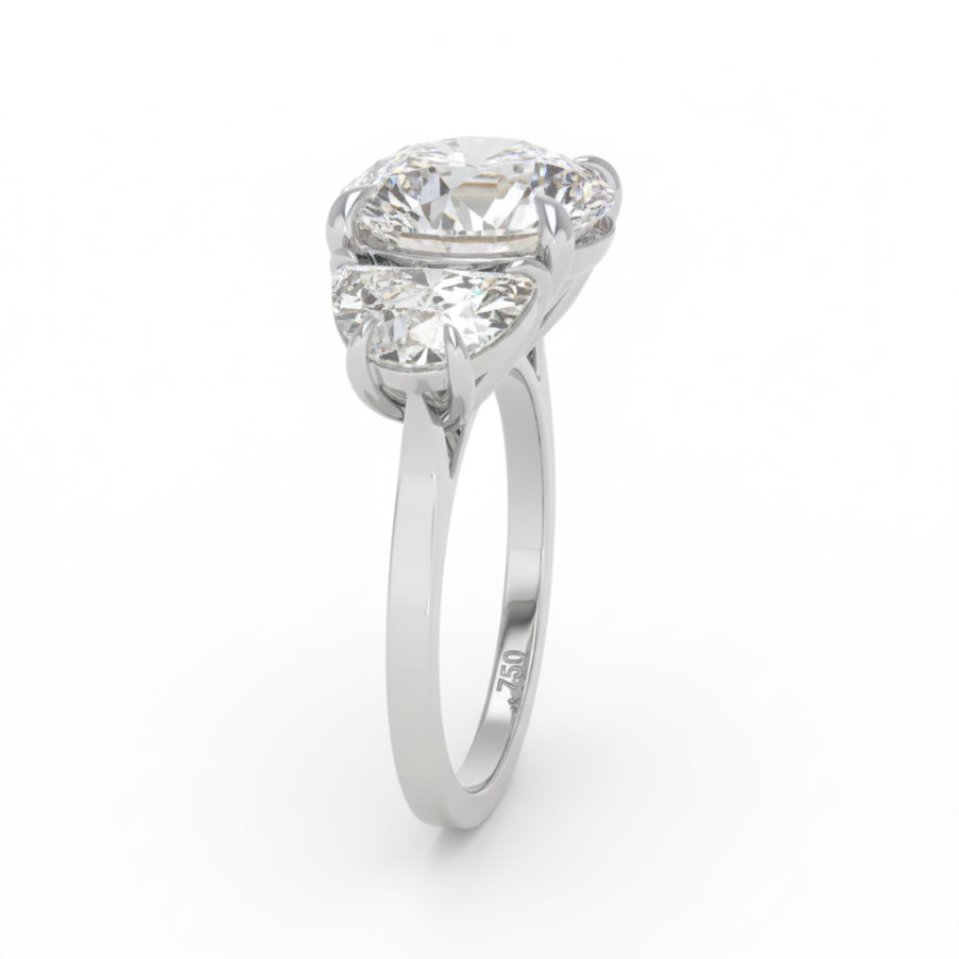 Kamala Round Brilliant Cut Diamond Engagement Ring With Half Moon Cut Side Diamond