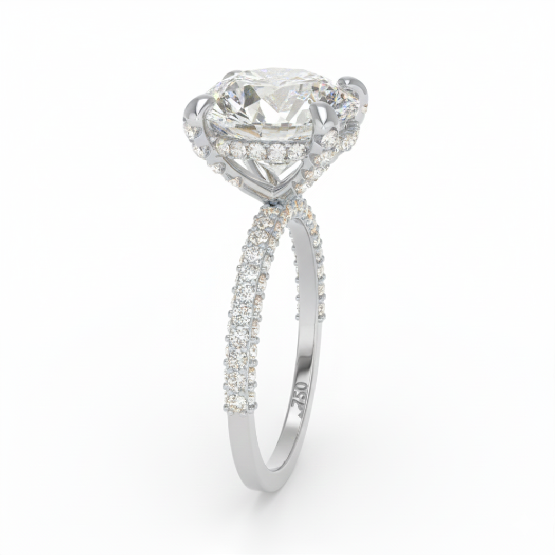 Mia Round Brilliant Cut Diamond Engagement Ring With Diamond Hidden Halo And 3D Diamond Band