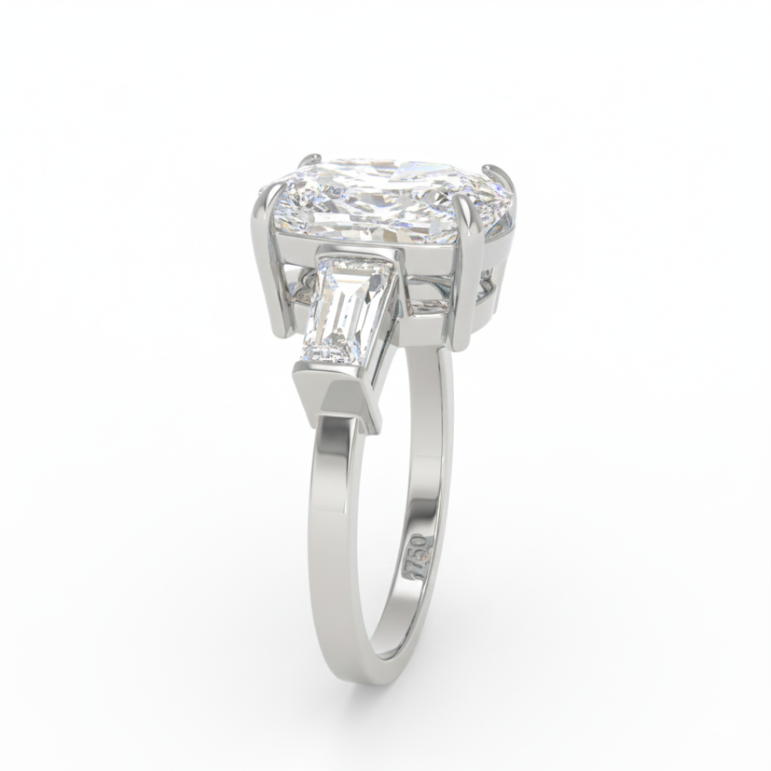 Mary Cushion Cut Diamond Engagement Ring with Tapering Baguette Cut Side Diamonds