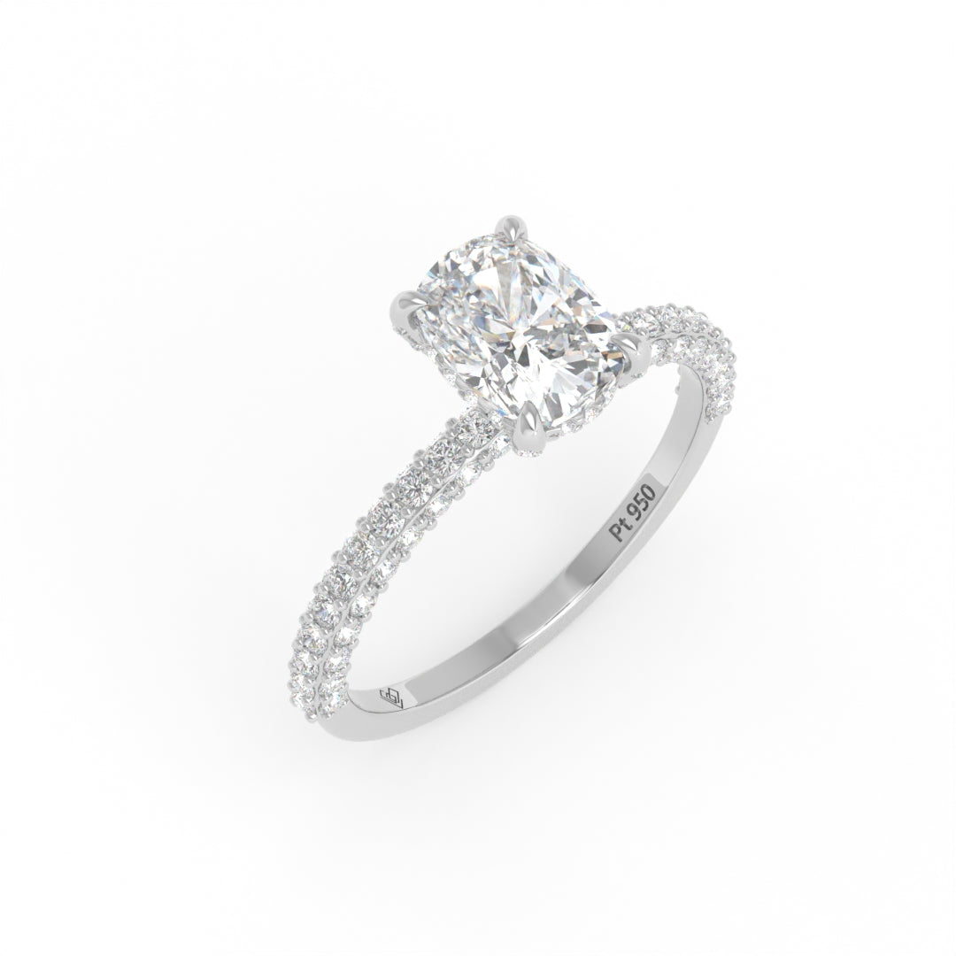 Mia Cushion Cut Diamond Engagement Ring with Diamond Hidden Halo and 3D Diamond Band