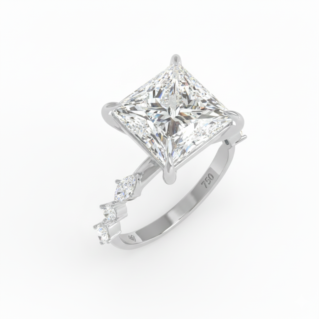 Elizabeth Princess Cut Diamond Engagement Ring With A Marquise and Round Cut Diamond Band