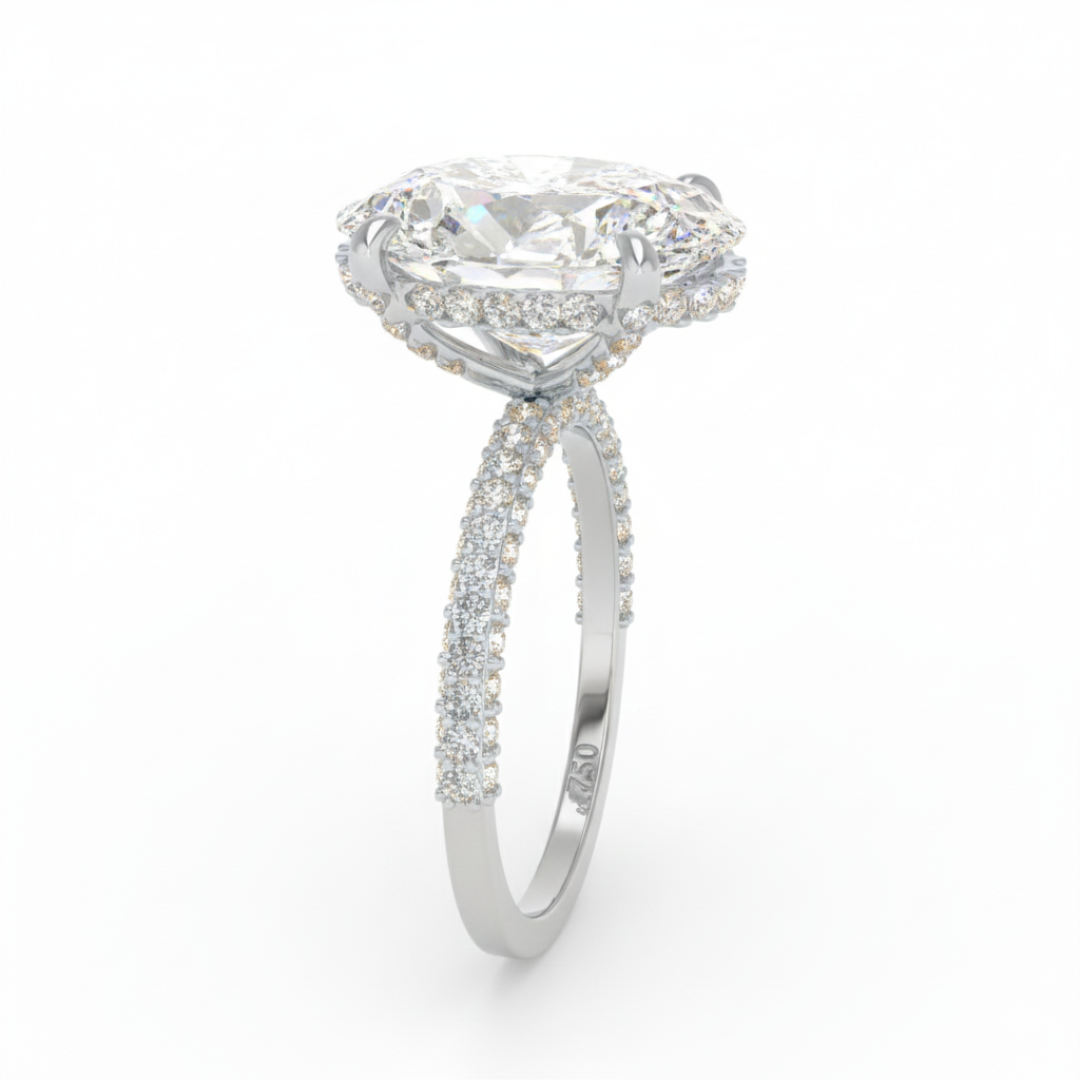 Mia Oval Cut Diamond Engagement Ring With Diamond Hidden Halo And 3D Diamond Band