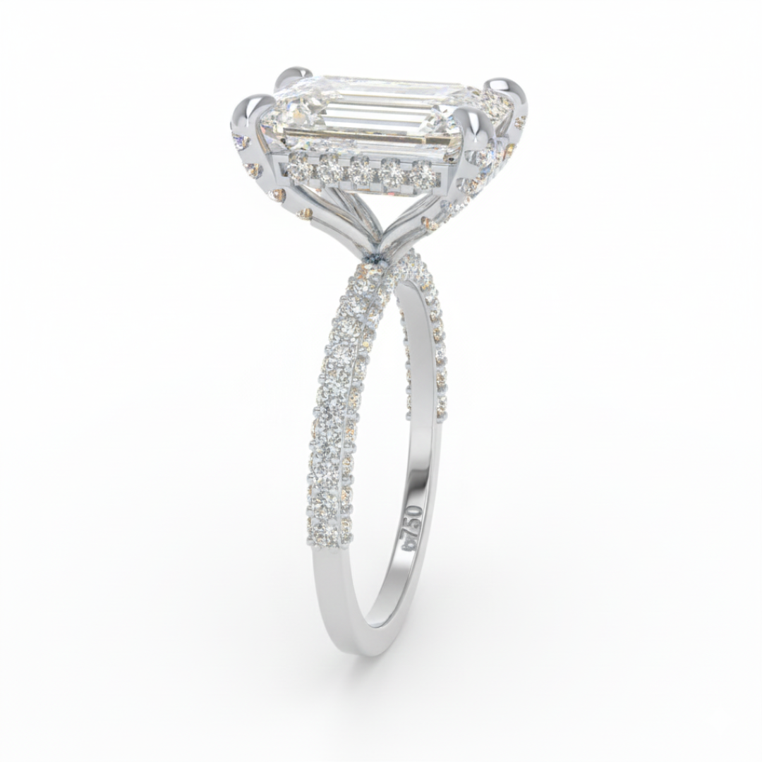 Mia Emerald Cut Diamond Engagement Ring with Diamond Hidden Halo and 3D Diamond Band