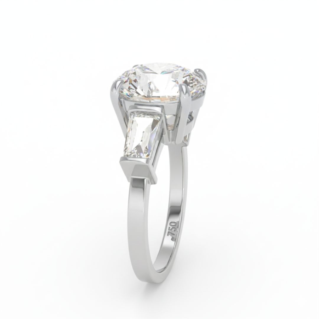Mary Round Brilliant Cut Diamond Engagement Ring With Tapering Baguette Cut Side Diamond
