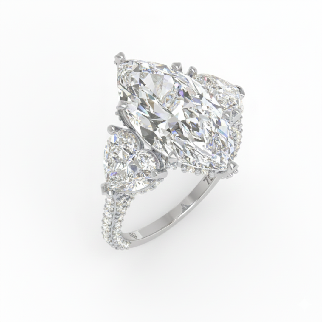 Victoria Marquise Cut Diamond Engagement Ring with Heart Cut Side Diamonds and 3D Diamond Band