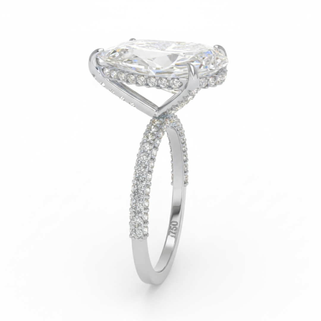 Bague de fiançailles Mia en diamant taille poire avec halo de diamants cachés et anneau en diamant 3D