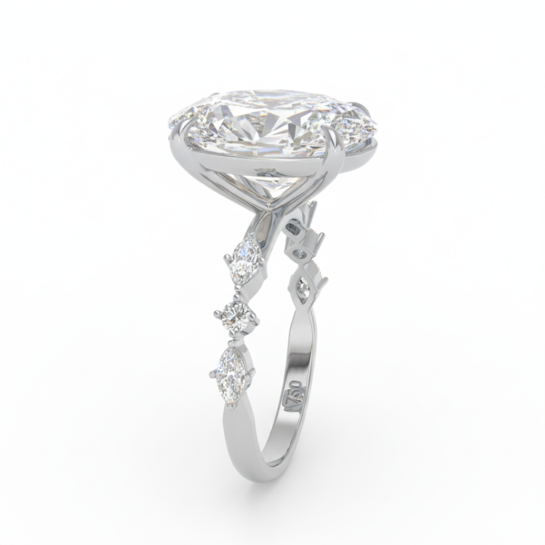 Elizabeth Oval Cut Diamond Engagement Ring With A Marquise And Round Cut Diamond Band.