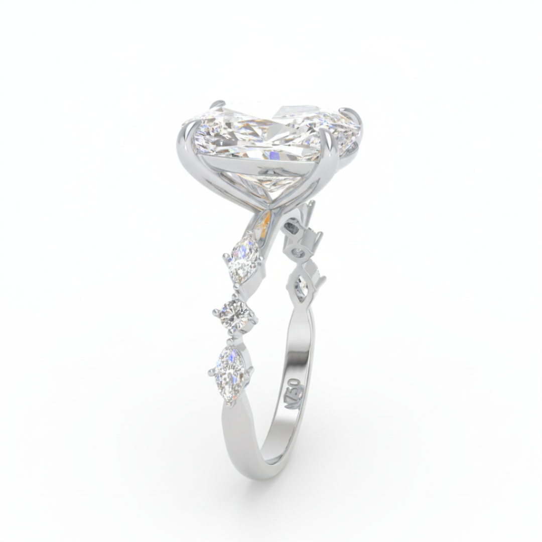 Elizabeth Cushion Diamond Engagement Ring With A Marquise and Round Cut Diamond Band