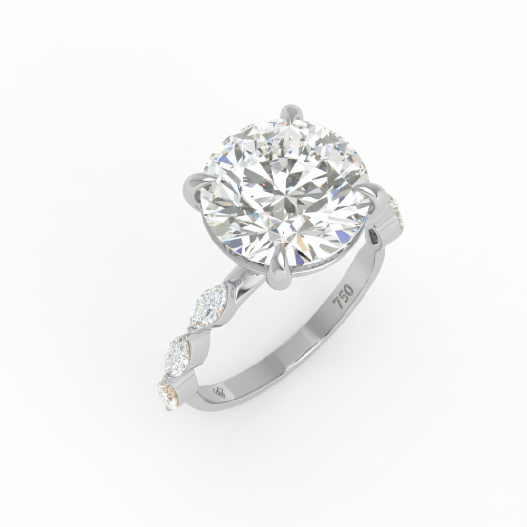 Kasandra Round Brilliant Cut Diamond Engagement Ring With A Marquise Cut Diamond Band