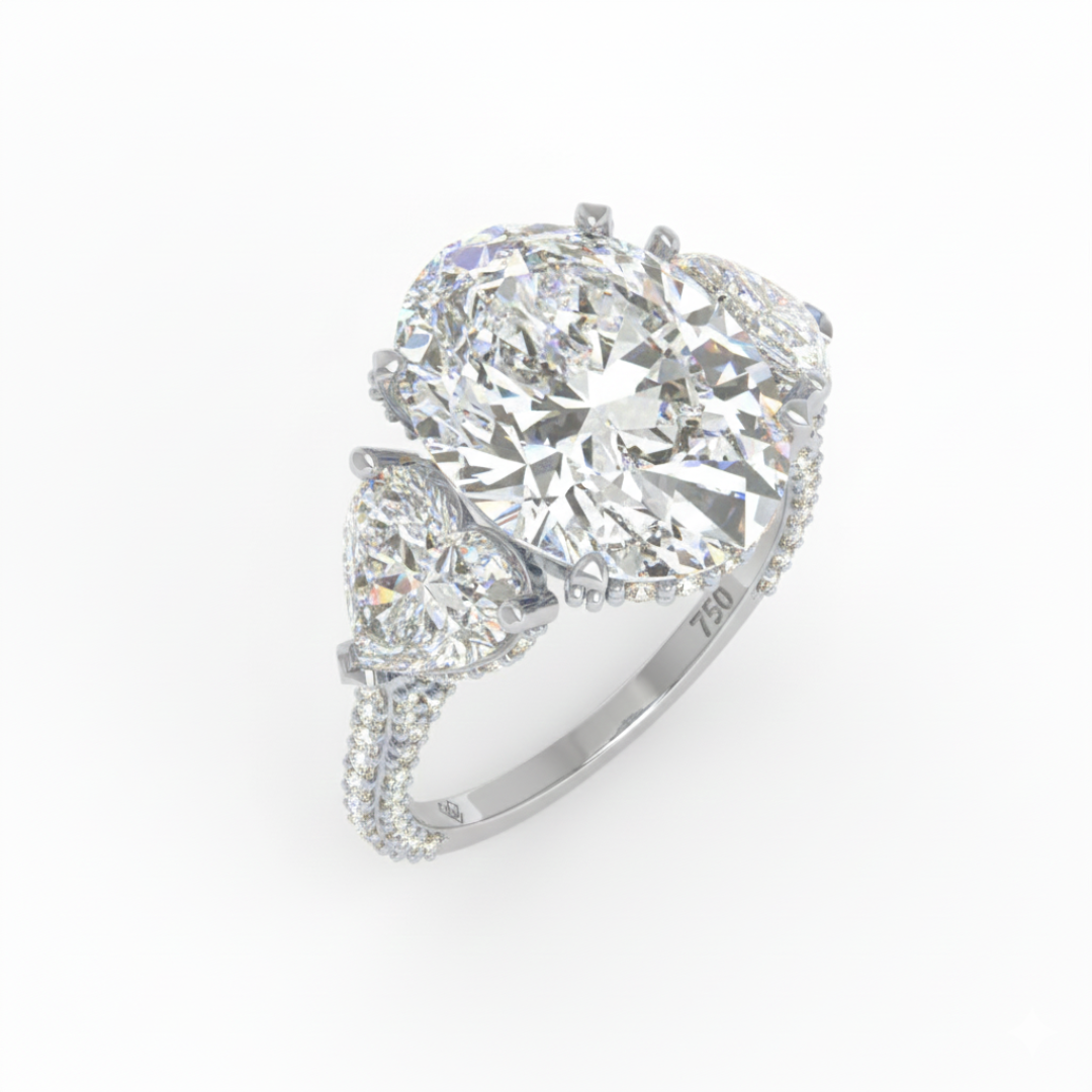Victoria Oval Cut Diamond Engagement Ring with Heart Cut Side Diamonds and 3D Diamond Band