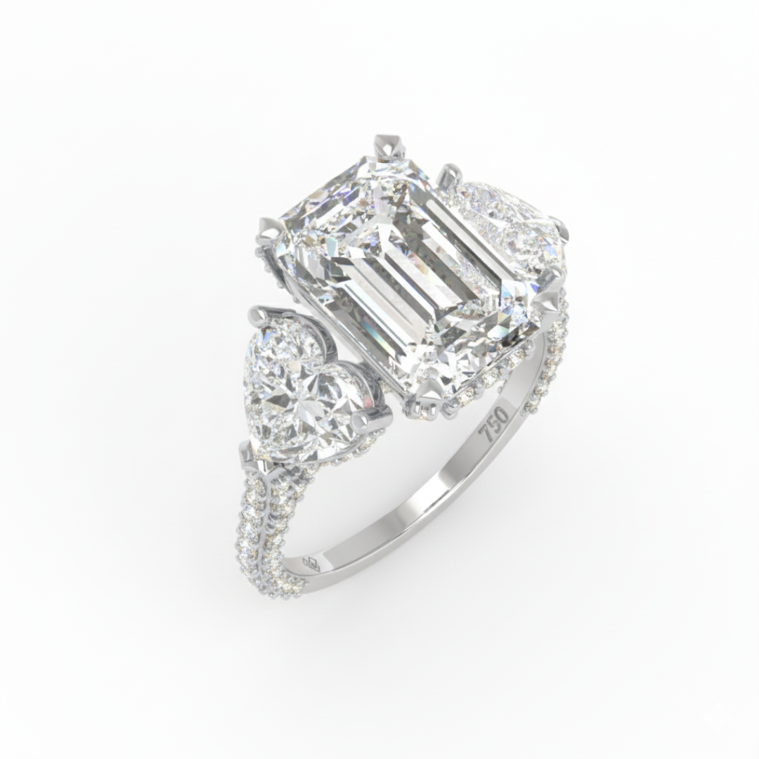Victoria Emerald Cut Diamond Engagement Ring with Heart Cut Side Diamonds and 3D Diamond Band