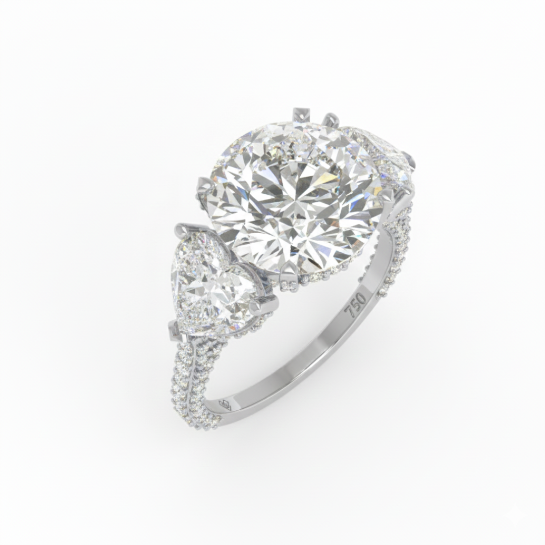 Victoria Round Brilliant Cut Diamond Engagement Ring with Heart Cut Side Diamonds and 3D Diamond Band