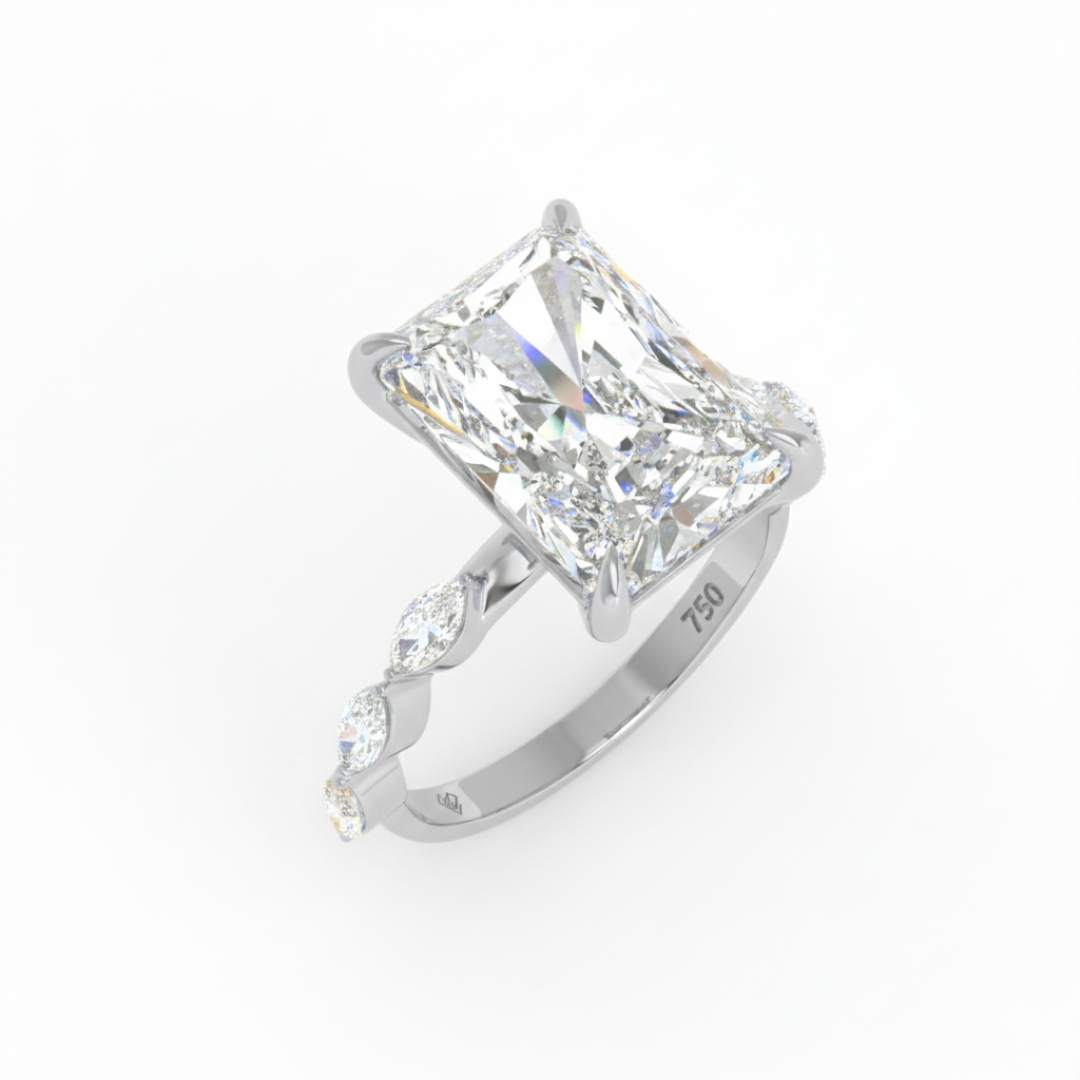 Kasandra Radiant Cut Diamond Engagement Ring With A Marquise Cut Diamond Band