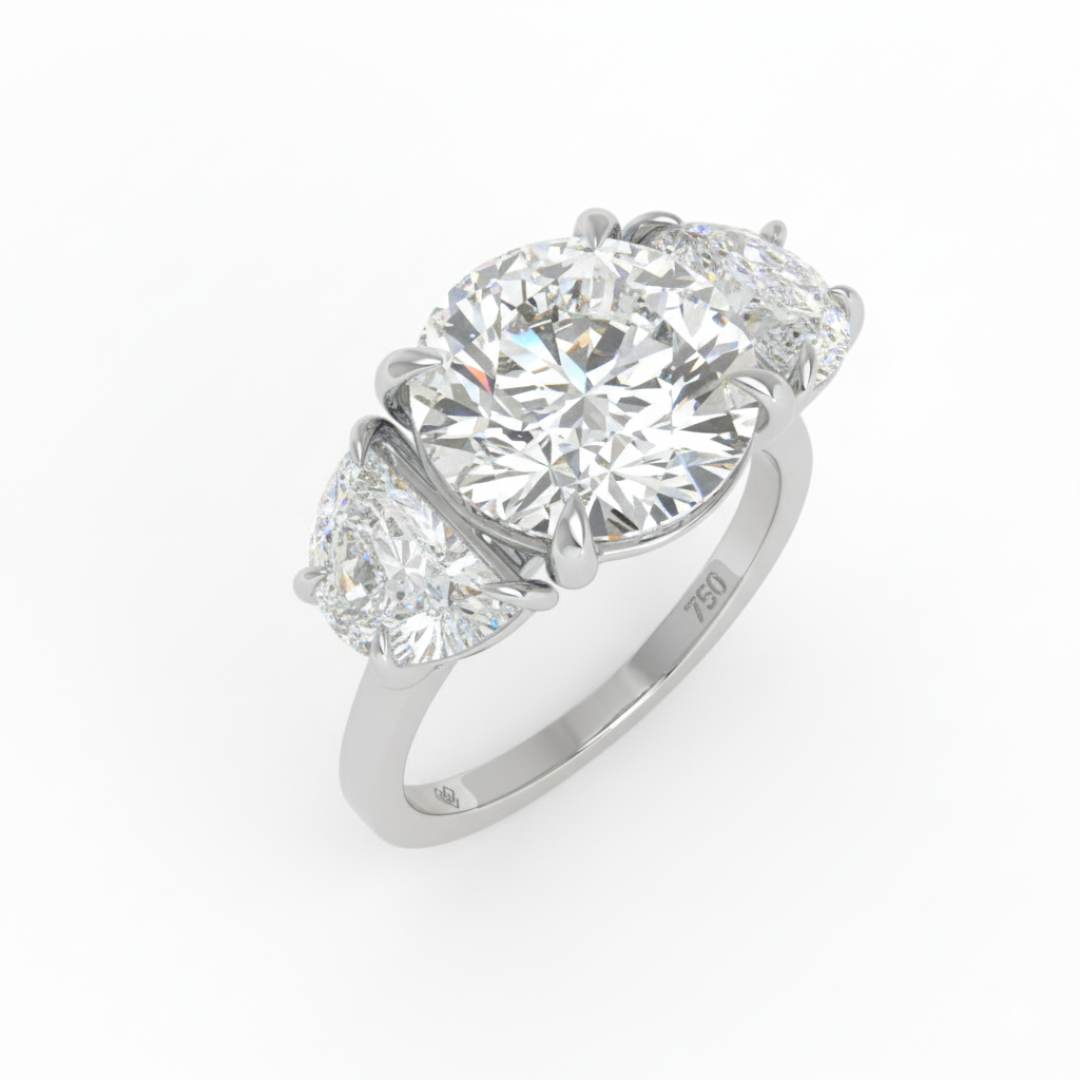 Kamala Round Brilliant Cut Diamond Engagement Ring With Half Moon Cut Side Diamond