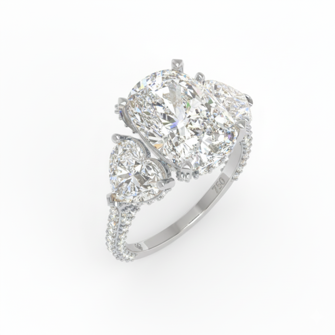 Victoria Cushion Cut Diamond Engagement Ring with Heart Cut Side Diamonds and 3D Diamond Band