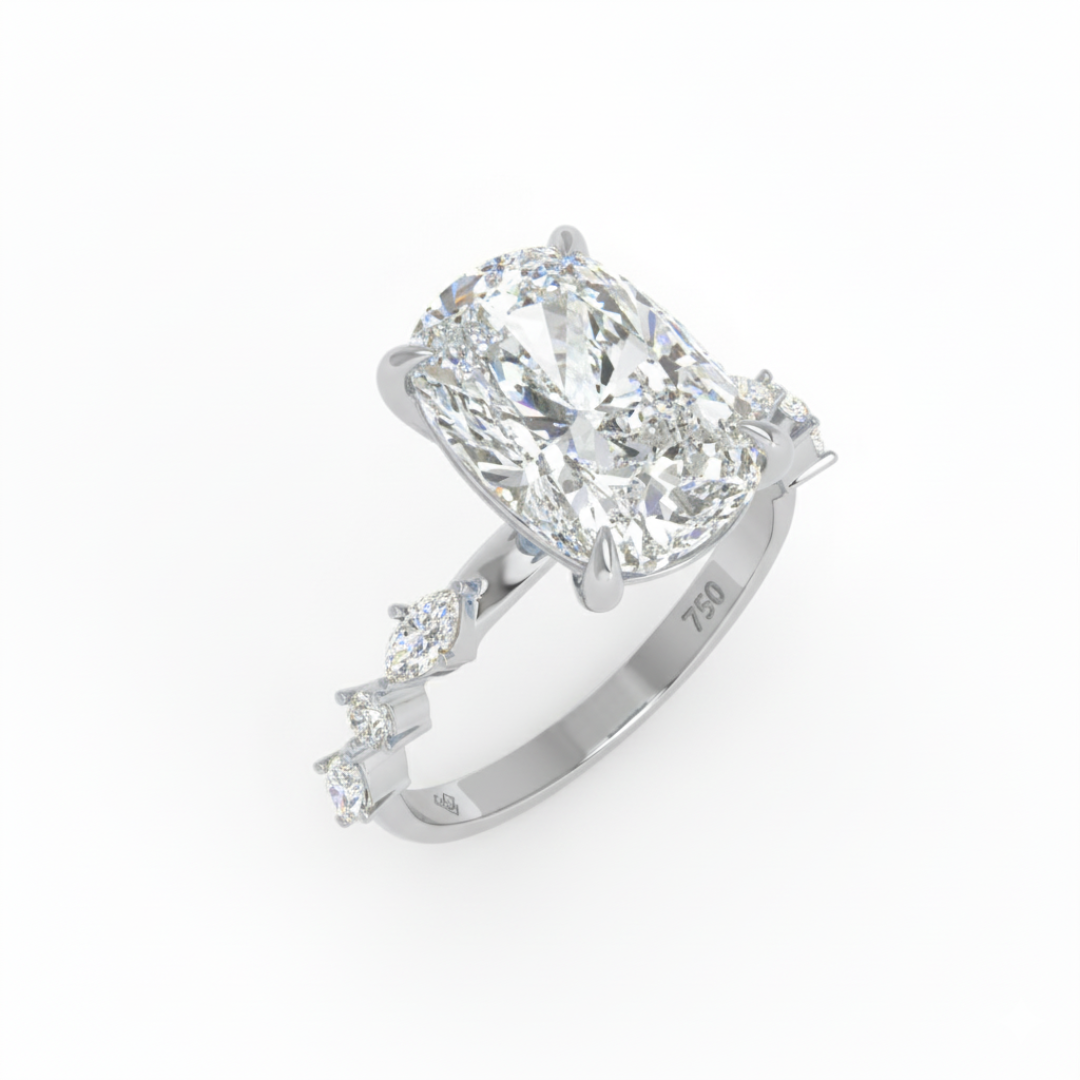 Elizabeth Cushion Diamond Engagement Ring With A Marquise and Round Cut Diamond Band