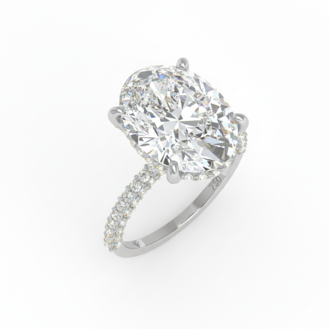 Mia Oval Cut Diamond Engagement Ring With Diamond Hidden Halo And 3D Diamond Band