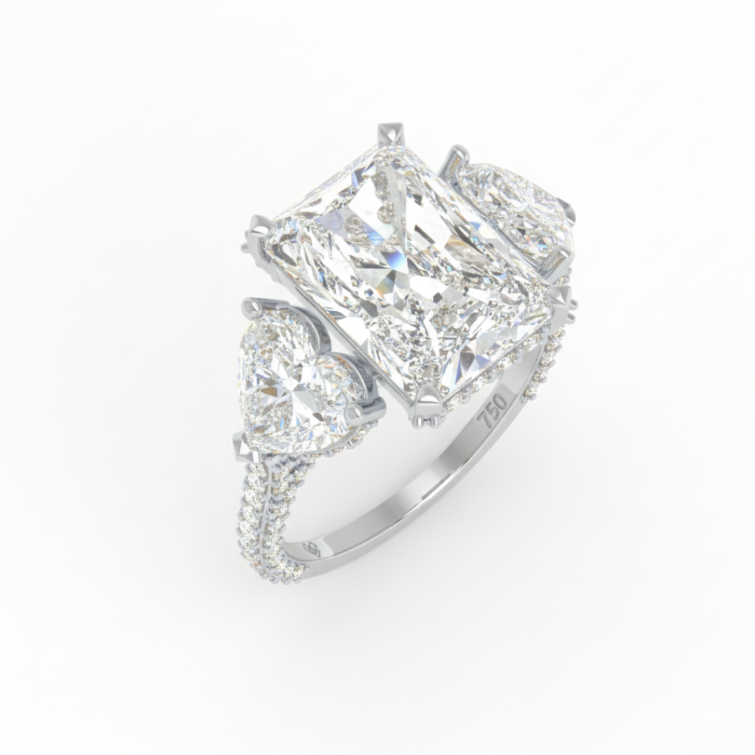 Victoria Radiant Cut Diamond Engagement Ring with Heart Cut Side Diamonds and 3D Diamond Band