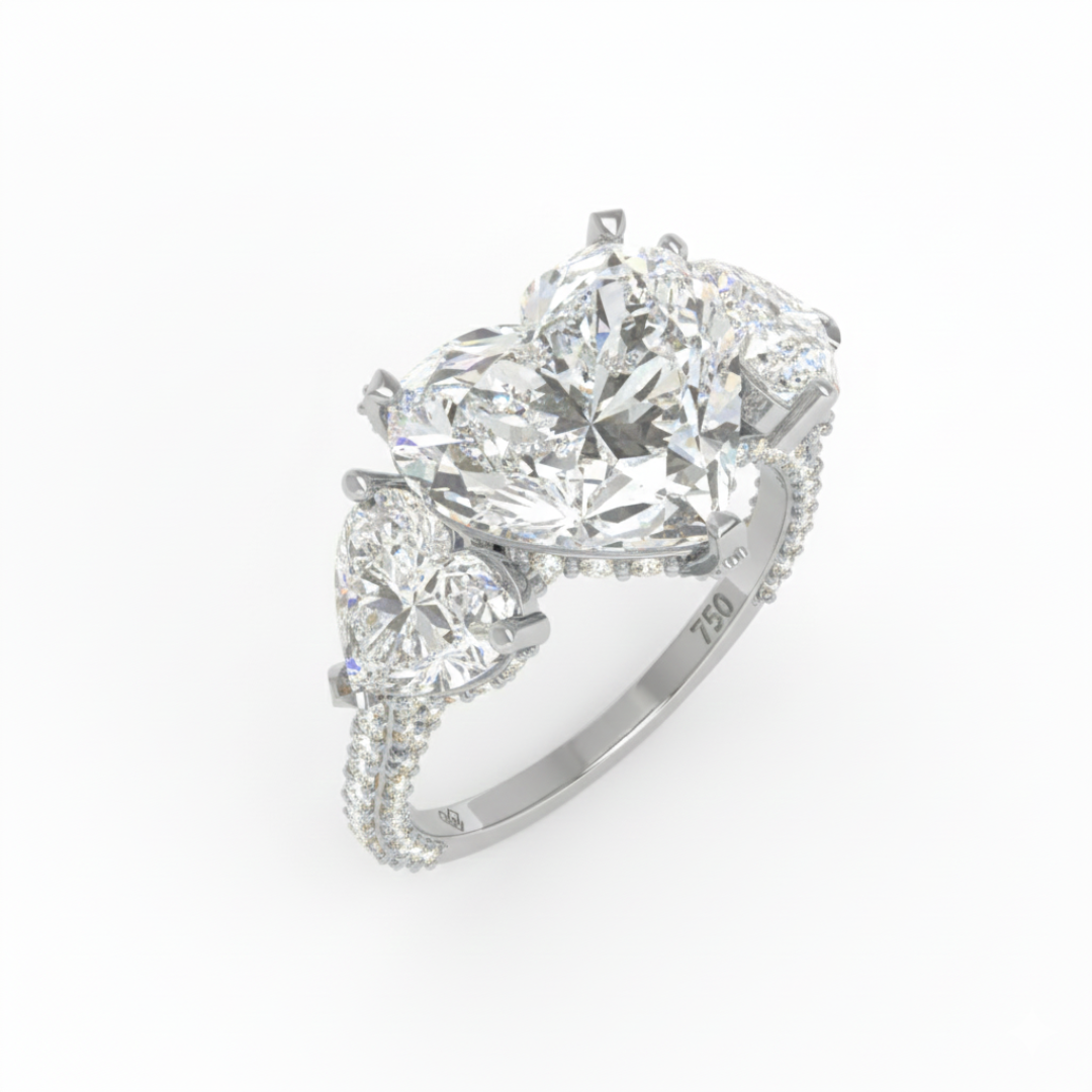 維多利亞心形切割鑽石訂婚戒指，搭配心形切割側鑽和3D鑽石戒圈