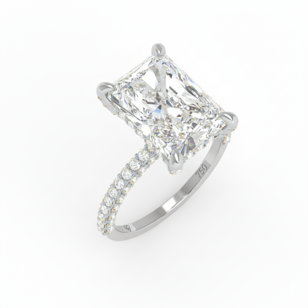 Bague de fiançailles Mia en diamant taille radiant avec halo de diamants cachés et anneau en diamant 3D