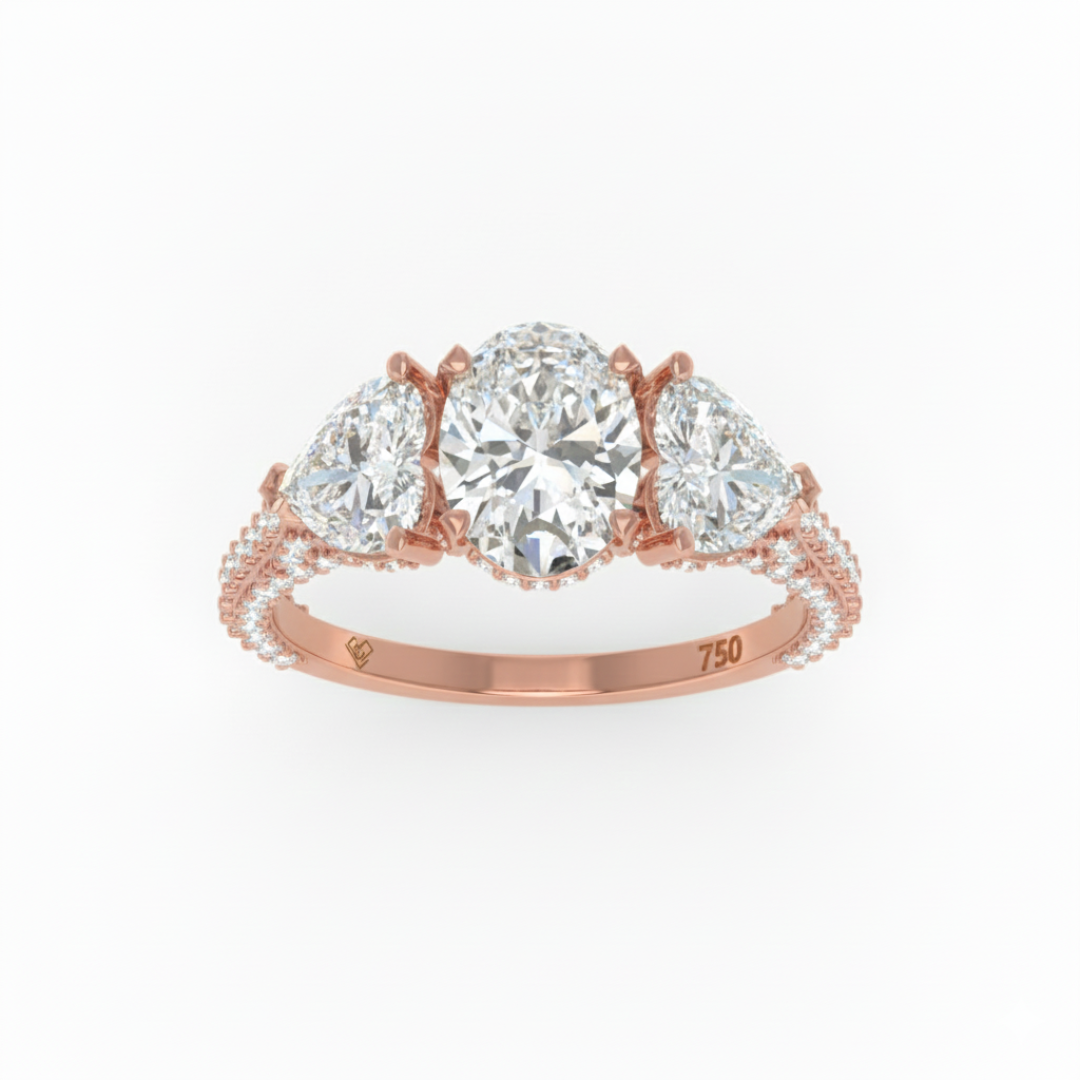 Victoria Oval Cut Diamond Engagement Ring with Heart Cut Side Diamonds and 3D Diamond Band