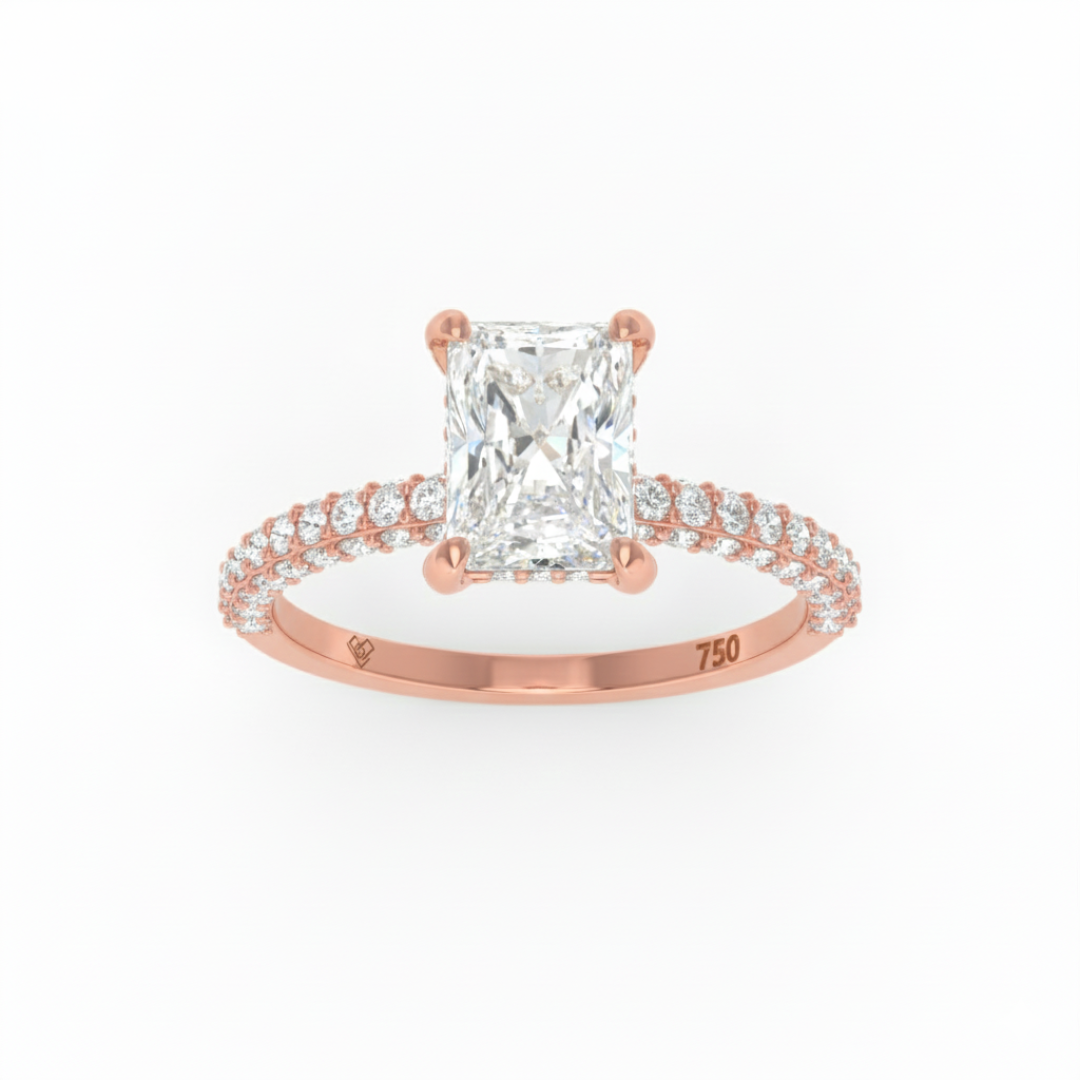 Bague de fiançailles Mia en diamant taille radiant avec halo de diamants cachés et anneau en diamant 3D