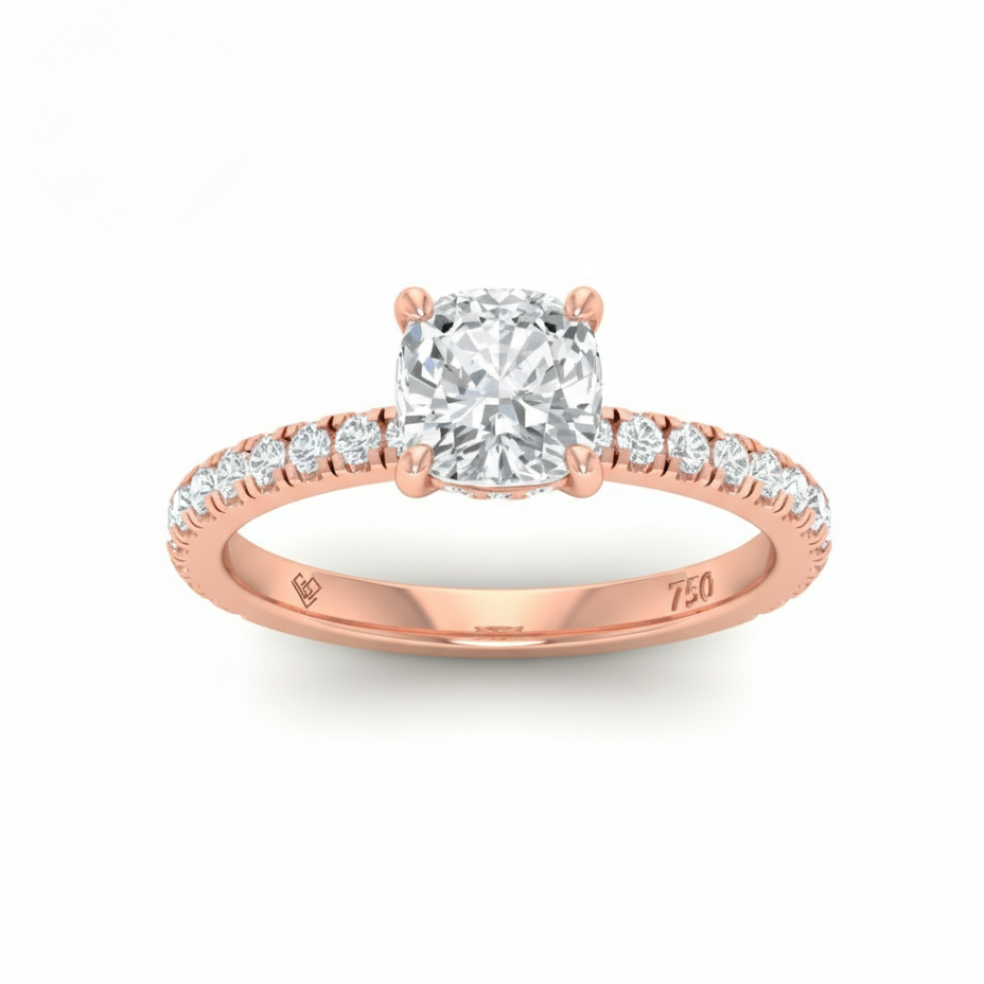 Chloé Cushion Cut Diamond Engagement Ring with Diamond Hidden Halo and Diamond Band