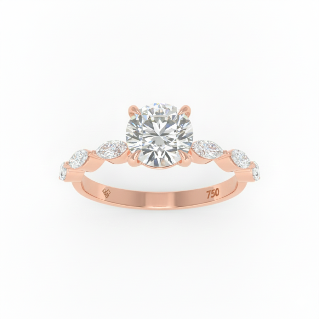 Kasandra Round Brilliant Cut Diamond Engagement Ring With A Marquise Cut Diamond Band