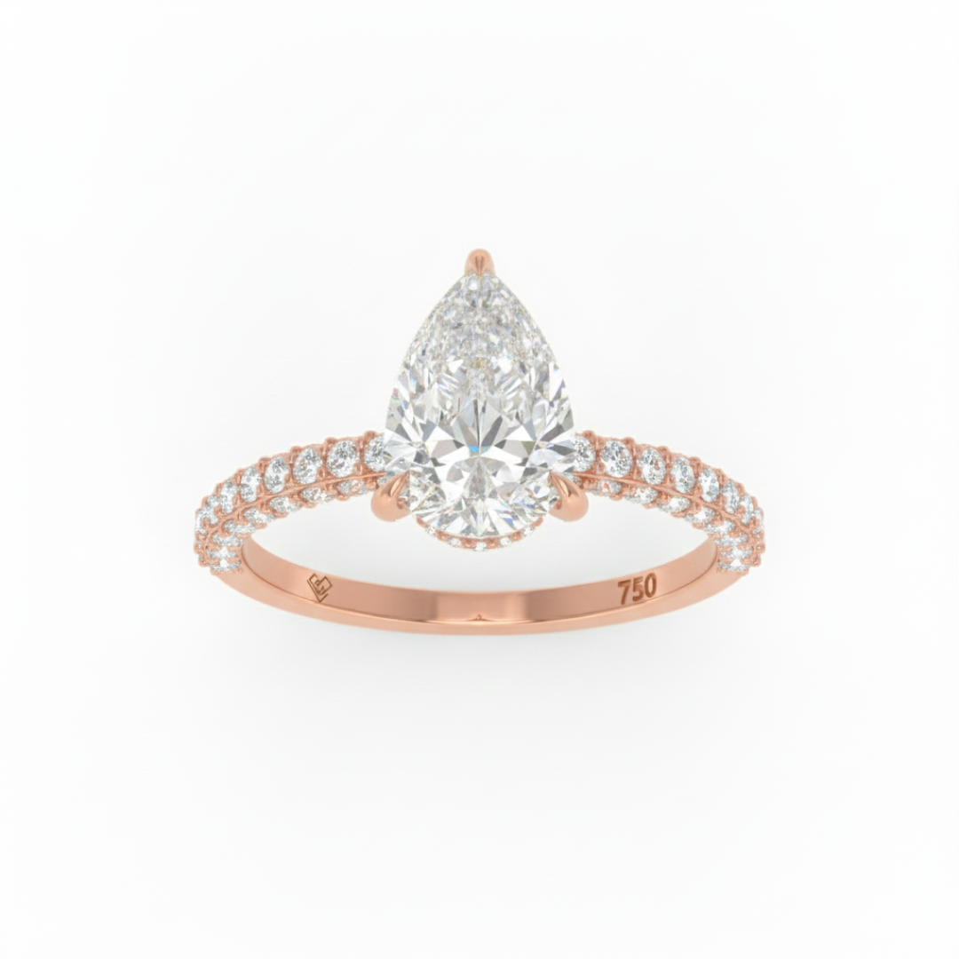 Bague de fiançailles Mia en diamant taille poire avec halo de diamants cachés et anneau en diamant 3D