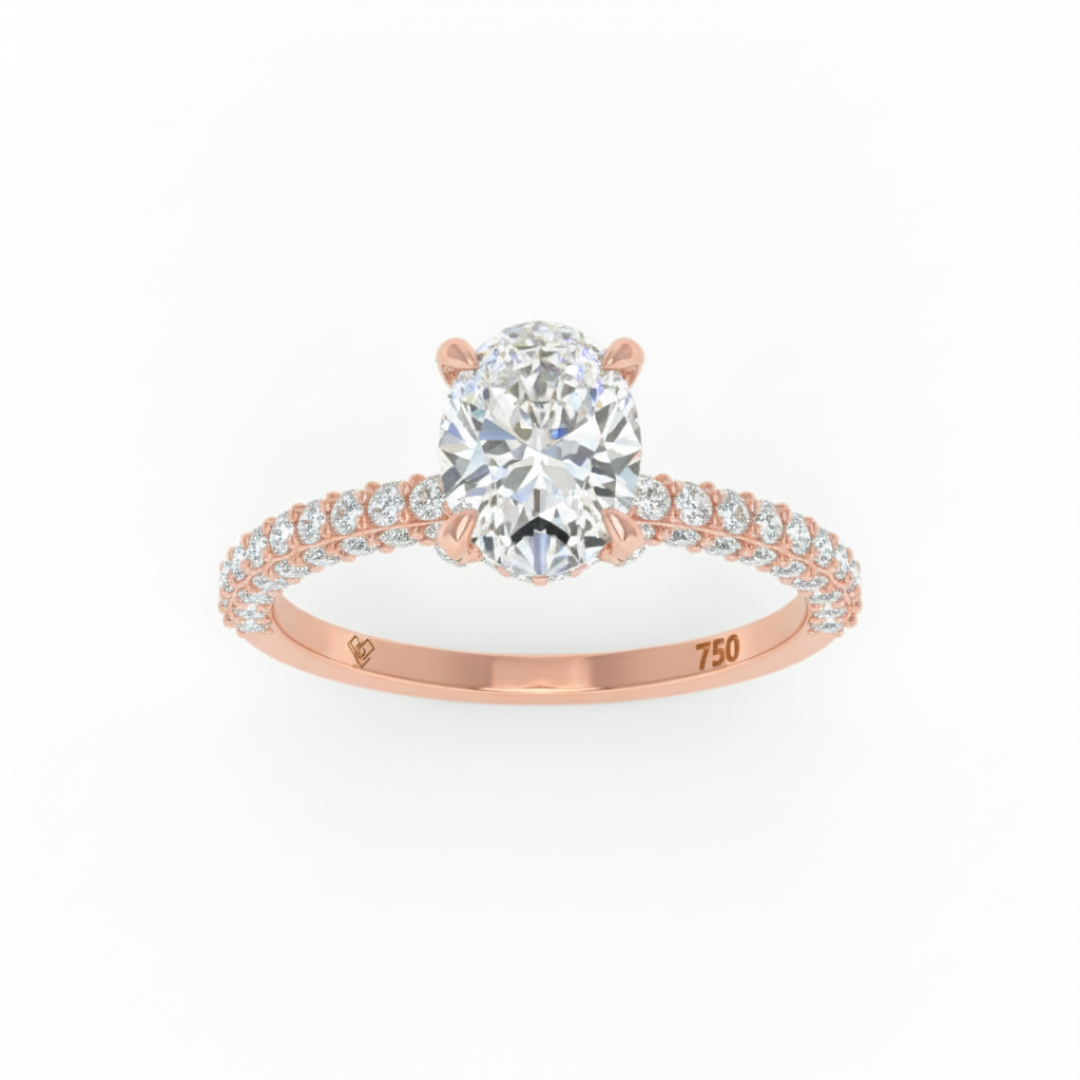 Mia Oval Cut Diamond Engagement Ring With Diamond Hidden Halo And 3D Diamond Band