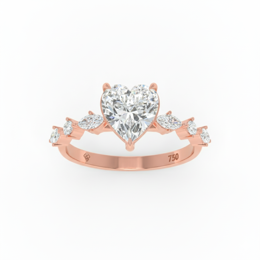 Bague de fiançailles Elizabeth en diamant taille cœur avec anneau serti de diamants taille marquise et ronde