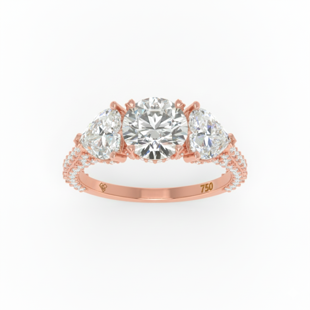 Victoria Round Brilliant Cut Diamond Engagement Ring with Heart Cut Side Diamonds and 3D Diamond Band
