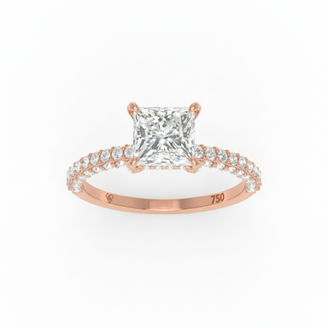 Bague de fiançailles Mia en diamant taille princesse avec halo de diamants cachés et anneau en diamant 3D