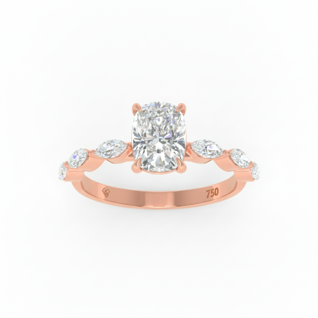 Kasandra Cushion Cut Diamond Engagement Ring With A Marquise Cut Diamond Band
