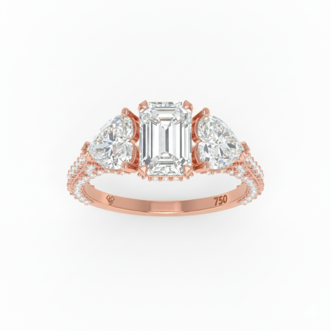 Victoria Emerald Cut Diamond Engagement Ring with Heart Cut Side Diamonds and 3D Diamond Band