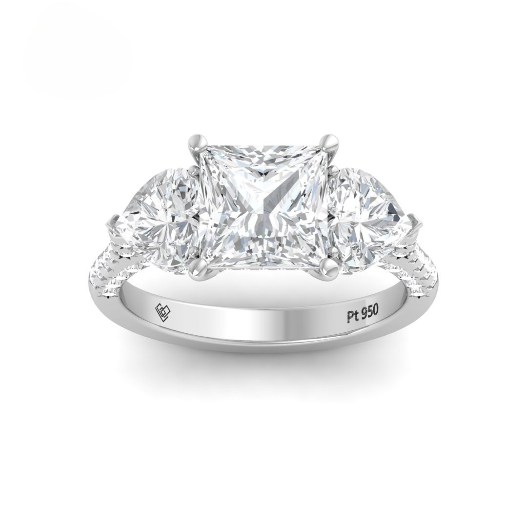 Victoria Princess Cut Diamond Engagement Ring with Heart Cut Side Diamonds and 3D Diamond Band
