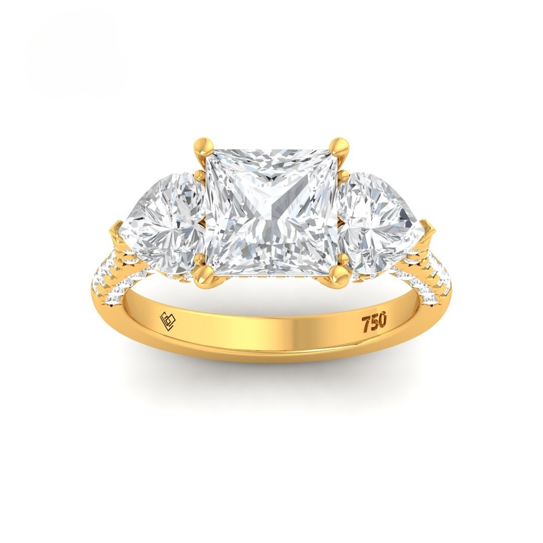 Victoria Princess Cut Diamond Engagement Ring with Heart Cut Side Diamonds and 3D Diamond Band